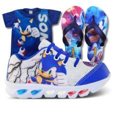 Kit Tênis Led Infantil Menino Masculino Sonic + Chinelo + Camisa - Kid