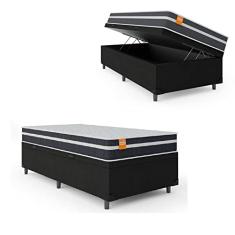 Cama Box Solteiro Baú Colchão Molas Qatar 88x188x63cm Branco/Preto - Suporta até 200kg