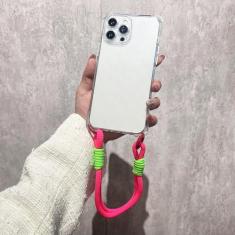 Correia de cordão Crossbody Cord Rope Clear Case para iPhone 14 13 11 12 Pro Max Almofada à prova de choque Transparente Bumper TPU Capa traseira, rosa, para iPhone 12