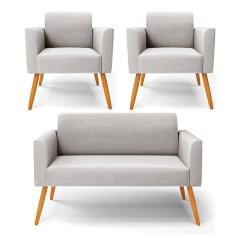 Sofá Namoradeira Com 2 Poltronas Pés Palito Castanho Marisa Veludo D03 - D\`rossi Cor Cinza