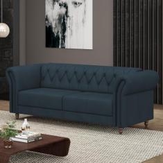 Sofá Living Sala de Estar Stanford Chesterfield 2 Lugares 200cm Pés de Madeira Couro Azul Marinho G58 - Gran Belo