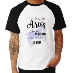 Camiseta Raglan Sou de Áries - Foca na Moda, Branco, Preto, GG