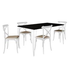 Conjunto De Mesa Elen Retangular Tampo De Madeira 140X80Cm Preto Com 4 Cadeiras Katrina Branca