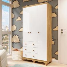 Guarda-Roupa de Bebê 3 Portas e 3 Gavetas 100% MDF Mimo Espresso Móveis Branco Brilho/Amêndoa