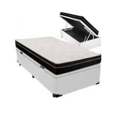 Cama Box Baú Solteiro 88 Tecido Sintético Branco Com Colchão Paris De Molas Ensacadas Preto 66x88x188