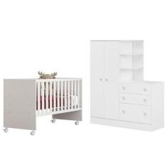 Jogo de Quarto Guarda Roupa, Cômoda e Berço Reto Branco - Qmovi