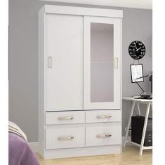 Guarda Roupa Solteiro com Espelho 2 Portas Malu Espresso Móveis Branco/Branco/Rosa