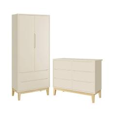 Jogo de Quarto Infantil Classic Guarda Roupa 2 Portas e Cômoda 6 Gavetas com Pés Madeira Natural - Reller Móveis