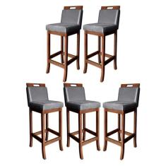 Kit 5 Banquetas Média para Bancada Milão Madeira Castanho Suede Cinza 
