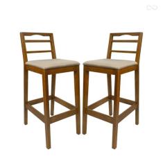 Kit 2 Banquetas para Bancada Alta em Madeira Grécia Amêndoa Linho Bege