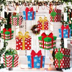 Wonderjune 15 peças de caixas de presente grandes de Natal, decorações ao ar livre, incluem enfeites de plástico para pendurar no quintal de Natal de 29 cm, decorações de quintal de Natal para varanda