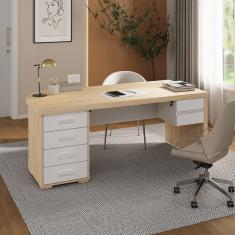 Mesa Para Escritório Em Tamburato Com 6 Gavetas Carvalho Branco