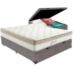Cama Box Baú Cinza e Colchão King Best Bege Molas Ensacadas Casal Anjo