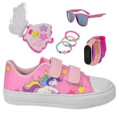 Tênis Casual Infantil Feminino Unicórnio + Make + Pulseira + Óculos + 