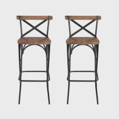 Kit 2 Banquetas Industrial em Aço e Madeira Maciça Laís