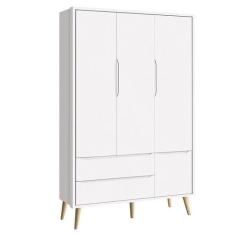 Guarda Roupa Infantil Theo 3 Portas Branco Acetinado com Pés Madeira N