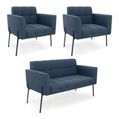 Sofá Namoradeira E 2 Poltronas Pé De Ferro Preto Elisa Suede Azul Marinho D03 - D'rossi