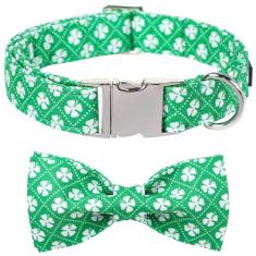 Maca Bates Coleira de cachorro com trevo com gravata borboleta para o dia de São Patrício coleira de cachorro com fivela de metal ajustável para cães pequenos, médios e grandes, confortável, macia,