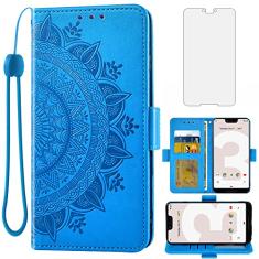 Asuwish Capa carteira compatível com Google Pixel 3 XL, protetor de tela de vidro temperado, suporte para cartão de crédito, bolsa dobrável, alça de pulso, capa de celular para Pixel3XL Pixel3 LX