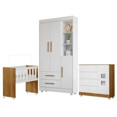 Quarto de bebê Mini Berço, Cômoda 1 Porta 4 Gavetas e Roupeiro Flocos 3 Portas 2 Gavetas Branco/Madeirado Ypê