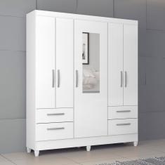 Guarda-Roupa Solteiro Vitoria 5 Portas 4 Gavetas com Espelho Branco Brilho - Atualle Móveis