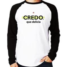 Camiseta Raglan Credo, que delícia Manga Longa - Foca na Moda, Branco,