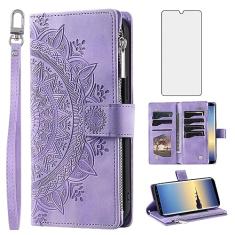 Asuwish Capa de telefone para Samsung Galaxy Note 8 capa carteira com protetor de tela de vidro temperado e alça de pulso mandala flor flip zíper suporte para cartão celular Note8 Not S8 Gaxaly