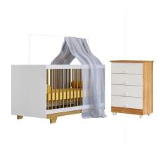 Quarto de Bebê com Berço Mini Cama 100% Mdf Flocos e Cômoda de Bebê 100% Mdf 4 Gavetas Soft Life Branco/Madeirado Ypê