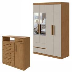 Conjunto de Guarda-Roupa 4 Portas com Espelho Zeus e Cômoda Da Vinci Amêndoa Clean/Off White