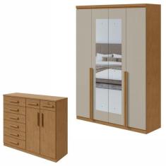 Conjunto de Guarda-Roupa Alonzo 4 portas com espelho e Cômoda Toronto Amêndoa Clean/Off White