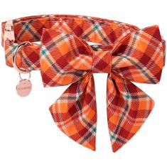 DOGWONG Coleira de cachorro de algodão xadrez de outono com laço, gravata borboleta de Halloween xadrez laranja coleira para cachorro macio ajustável guingão outono para meninos e meninas e cães