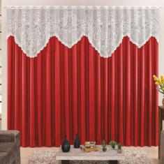 Cortina 4,00m X 2,50m Momento Sala Quarto Renda Com Microfibra P Varão Vermelha