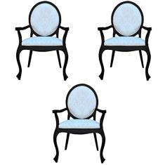 Kit 03 Poltronas Decorativas Sala de Estar Base Madeira Maciça Adrie Sarja Bege/Preto Fosco - Gran Belo