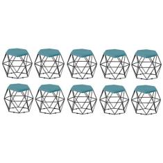 Kit 10 Puff Banqueta Aramado Mila Base Preta Hexágono Suede Azul Turqu