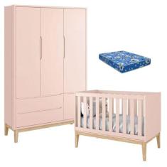 Berço Americano com Colchão e Guarda Roupa Classic 3 Portas Rosa Pés M