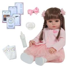 Bebê Reborn Menina Princesa Rosa Corpo Vinil Cabelo Castanho - Cegonha