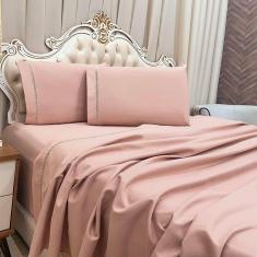 Jogo De Cama Lençol Casal Realce Percal 400 Fios 4 Peças - Rosê