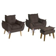 Kit 02 Poltrona/Cadeira Decorativa E Puff Glamour Marrom Com Pés Quadr