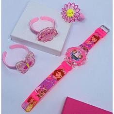 Kit Relógio Infantil Digital Pisca Luz Toca Musica Princesas Disney Minnie Barbie + Pulseira Bracelete 3D Colorida