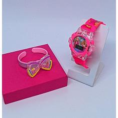 Kit Relógio Infantil Digital Pisca Luz Toca Musica Princesas Disney Minnie Barbie + Pulseira Bracelete 3D Colorida