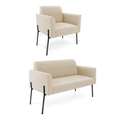 Sofá Namoradeira e Poltrona Pé de Ferro Preto Marisa Suede Bege D03 - D`Rossi