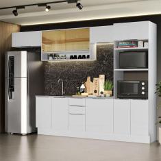 Armário de Cozinha Completa Stella 10 Portas 3 Gavetas MDP 330cm Branco com Vidro Reflex