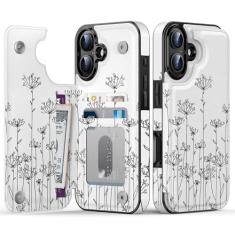 Goodon Capa carteira para iPhone 16 - Capa flip de couro com design floral moderno, 3 compartimentos para cartão e função de suporte, capa protetora elegante para mulheres e meninas - Flores