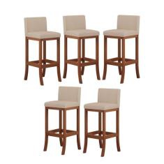 Kit 5 Banquetas Média Encosto Estofado 38x90Cm Ilha Espanha Madeira Ma