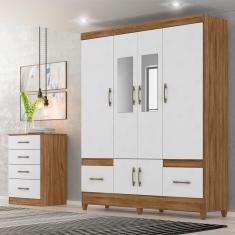Kit Guarda Roupa Casal Com Espelho Ms 912 + Cômoda Ms 913 Moval - Naturale / Branco