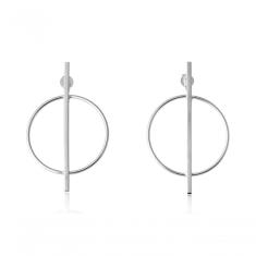Brinco Grande Com Circulo E Fio No Meio Folheado Em Ródio Branco [f027]
