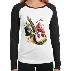 Baby Look Raglan Guitarra Reggae Manga Longa - Foca na Moda, Branco, P