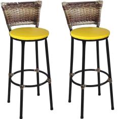 Kit 2 Banquetas Médias Preta com Encosto Junco Capuccino Assento Amarelo