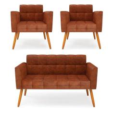 Kit 1 Sofá Namoradeira e 2 Poltronas Elisa Corano Pés Palito Castanho - D`Rossi