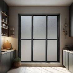 Porta de Correr 3 Folhas Moveis Sequenciais 210 X 150 Elite com Fecho Automático Vidro Liso Preto